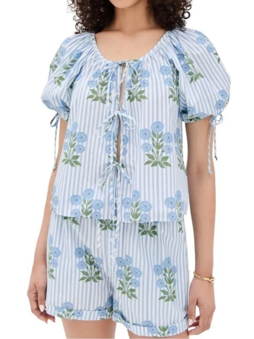 Saylor Rheese Block Print Top Blue Floral Multi